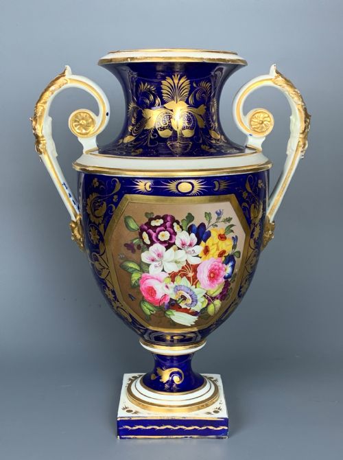 Bloor Derby Porcelain Twin Handled Vase Painted with Flowers