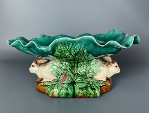Continental Majolica Centrepiece in the Form of Two Rabbits