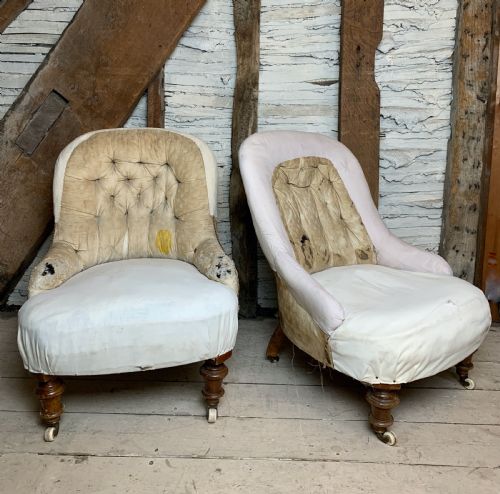 Pair of Victorian Button Back Iron Framed Chairs for Re-upholstery