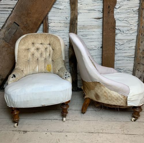 fig 1. Pair of Victorian button back iron framed chairs for re-upholstery