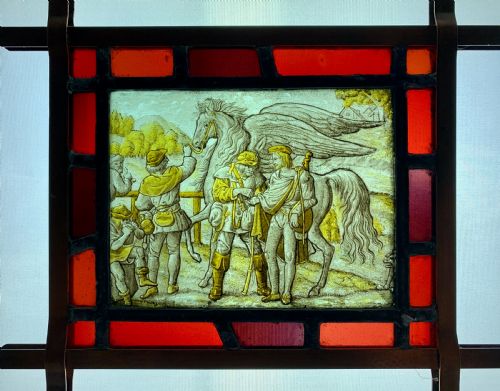 Dutch 18th Century Allegorical Stained Glass Panel of Pegasus