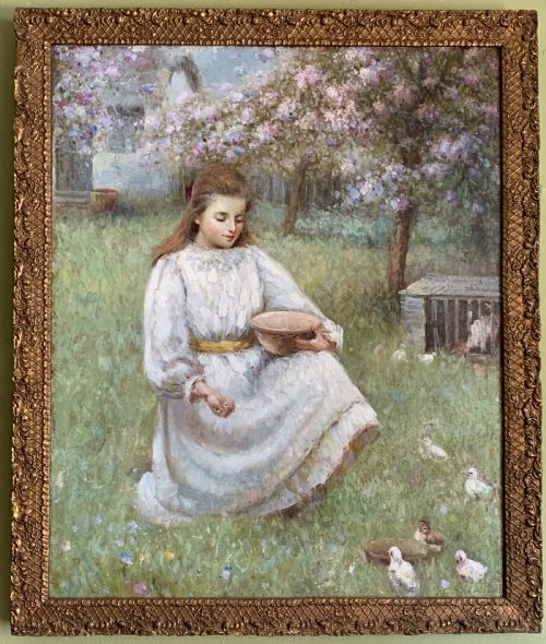 British School, Young Girl Feeding Ducklings in a Garden, Oil on Canvas