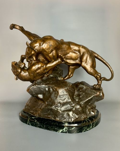 After Paul Lemoyne Combante De Tigres Patinated Spelter Group