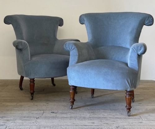 Pair of French Napoleon III Scroll Back Armchairs