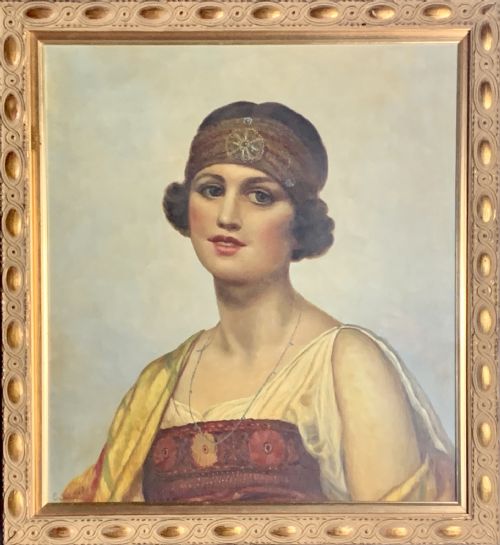 Portrait of an Art Deco Girl in Eastern Inspired Costume, Oil on Canvas