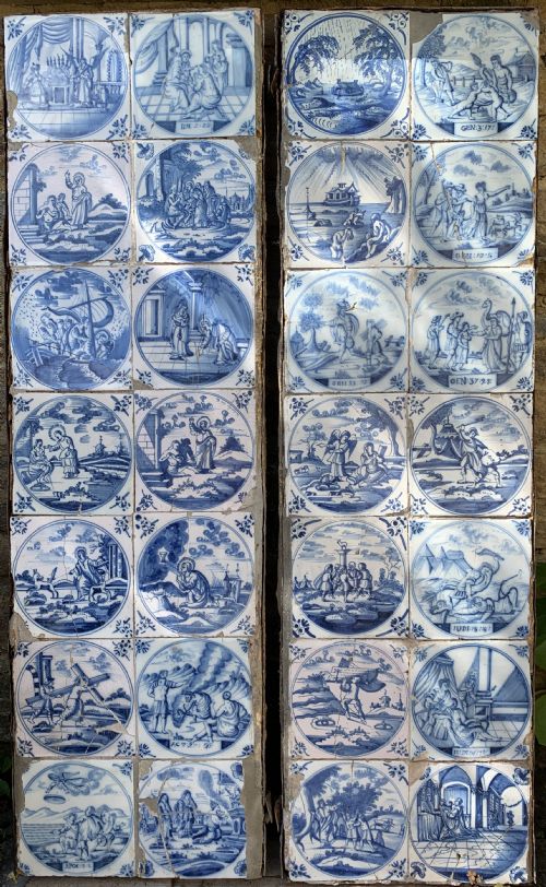 Pair of Delft Blue & White Faience Tile Panels of Biblical Scenes