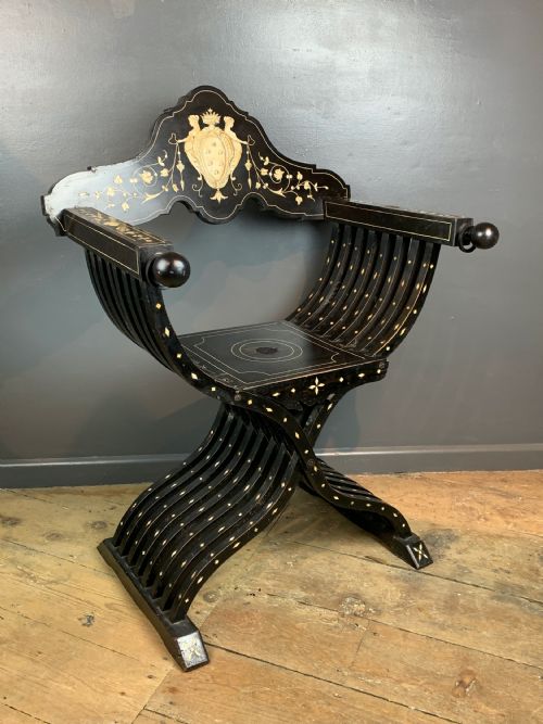 fig 1. Antique Italian Milanese Ebonised & Inlaid Savonarola Chair