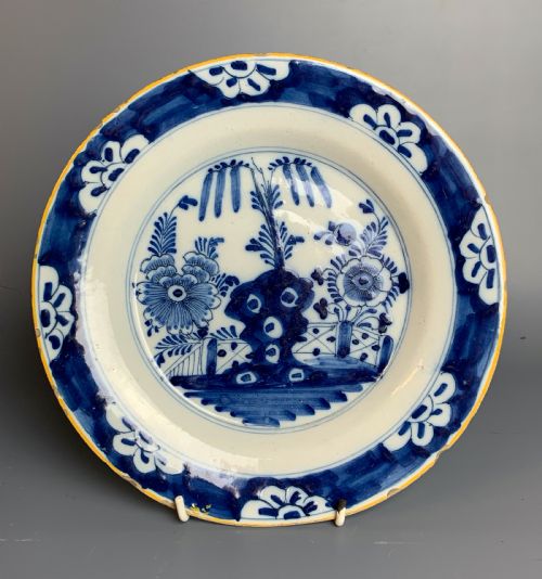 18th Century Delft Blue & White Plate in an Oriental Fenced Garden Pattern