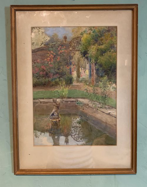 Charles Edwin Flower Watercolour of a Pond in a Walled Garden