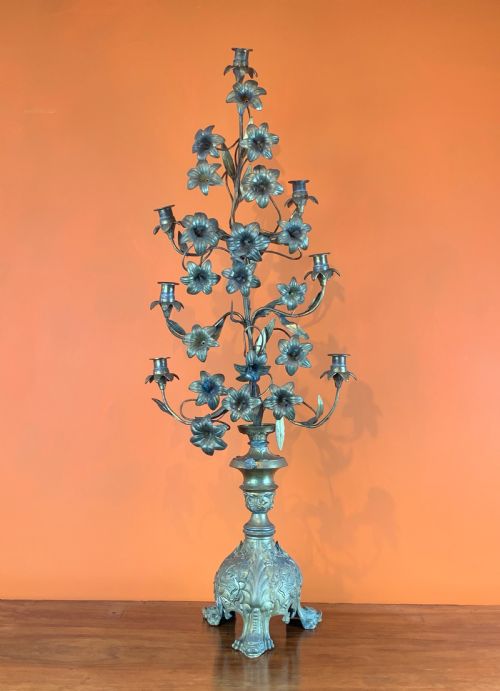 French Gilt Metal Floral Church Altar Candelabra