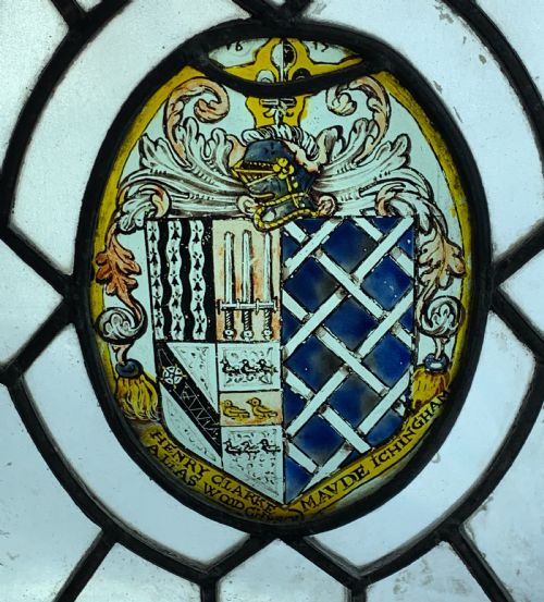 fig 1. 17th century armorial stained glass panel Clarke Woodchurch Kent dated 1614