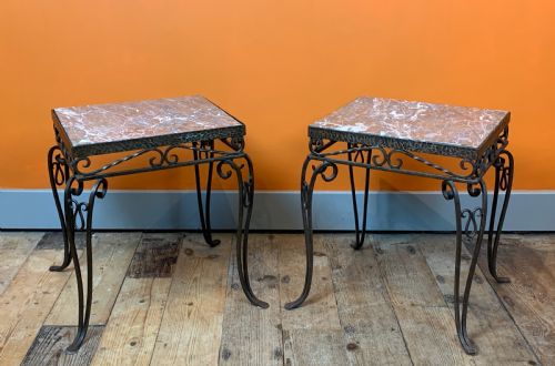 Pair of French Wrought Iron and Marble Side Tables