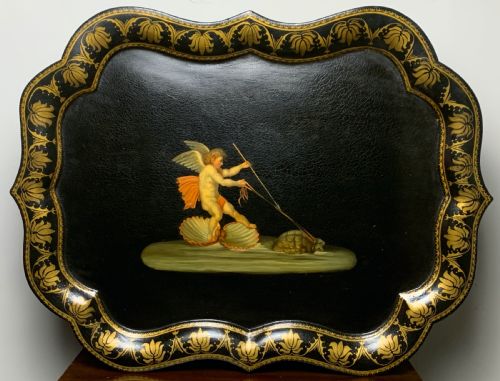 Regency Papier Mache Tray Painted with Cupid on a Chariot Pulled by Turtles