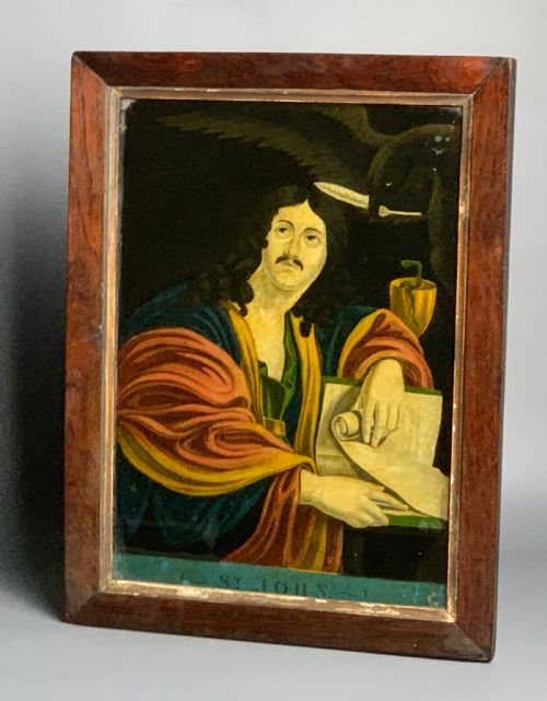 Georgian Reverse Glass Painted Mezzotint Depicting St John