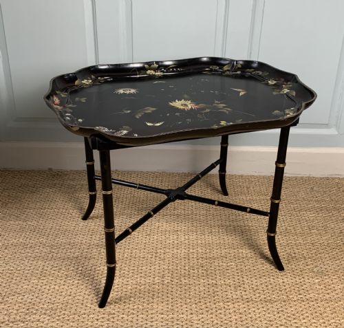 Victorian Jennens & Bettridge Papier Mache Tray Upon Later Faux Bamboo Stand