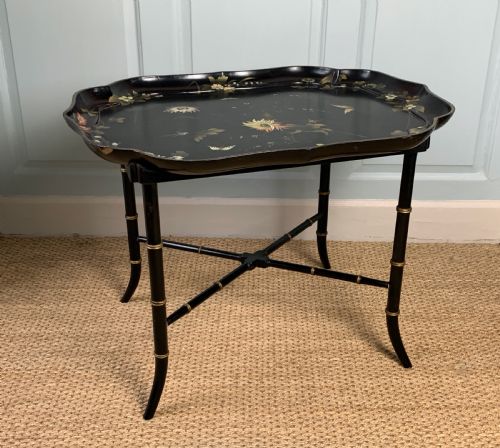 fig 1. Victorian Jennens & Bettridge papier mache tray upon later faux bamboo stand