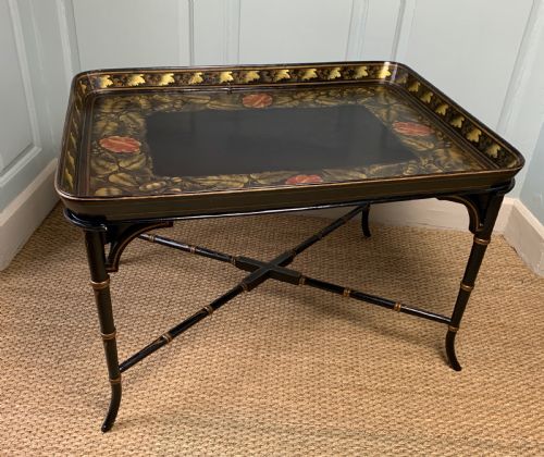 Large Regency Papier Mache Tray Upon Later Faux Bamboo Stand