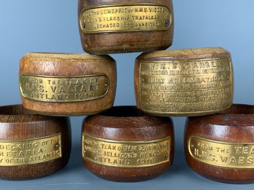 fig 2. Six teak napkin rings of Naval interest - Nelson's HM Victory