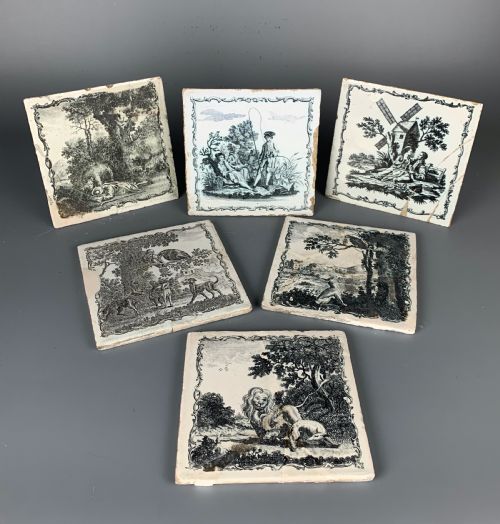 Six Liverpool Delft Sadler & Green Tin Glazed Tiles Aesop's Fables Circa 1765