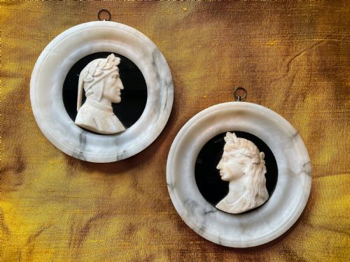 Pair of Italian Carved Alabaster Portrait Medallion Roundels of Dante & Beatrice