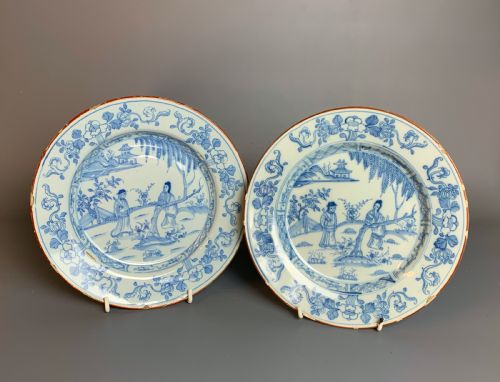 Pair of 18th Century Delft Blue & White Plates with Chinoiserie Design