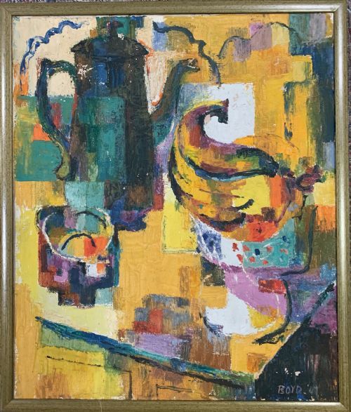 Margaret Boyd Gillison, Cubist Still Lie of a Coffee Pot and Fruit, Oil on Canvas Dated 47