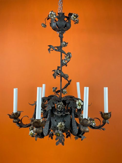 Antique Italian Floral Toleware Chandelier