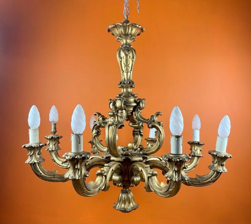 Large Vintage Italian Carved Giltwood Eight Branch Chandelier