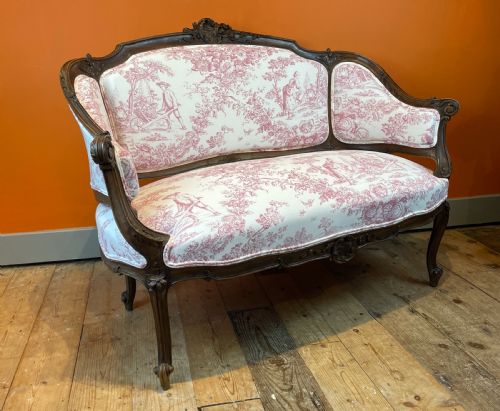 French Louis Xv Revival Walnut Sofa, Newly Upholstered in Vintage Toile De Jouy