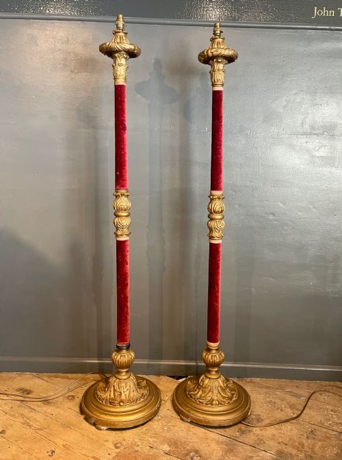 Pair of Vintage Giltwood and Red Velvet Floor Lamps