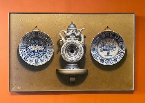 Frederick Clifford Harrison Trompe L'oeil Painting of Delft Plates