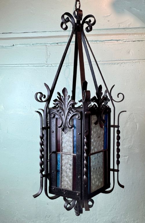 FRENCH WROUGHT IRON STAINED GLASS HALL LANTERN - ADDITIONAL PHOTO 1