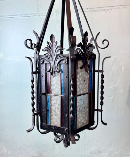 FRENCH WROUGHT IRON STAINED GLASS HALL LANTERN - ADDITIONAL PHOTO 2