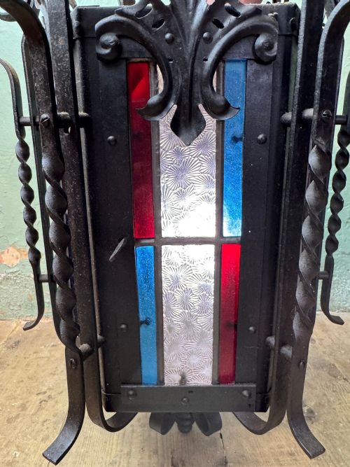 FRENCH WROUGHT IRON STAINED GLASS HALL LANTERN - ADDITIONAL PHOTO 3