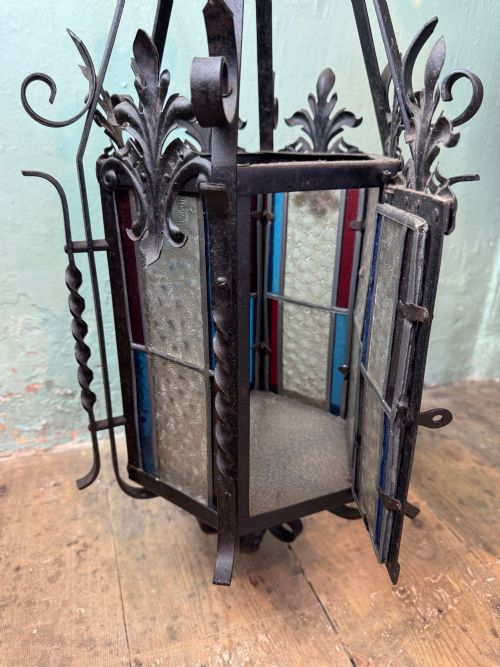 FRENCH WROUGHT IRON STAINED GLASS HALL LANTERN - ADDITIONAL PHOTO 4