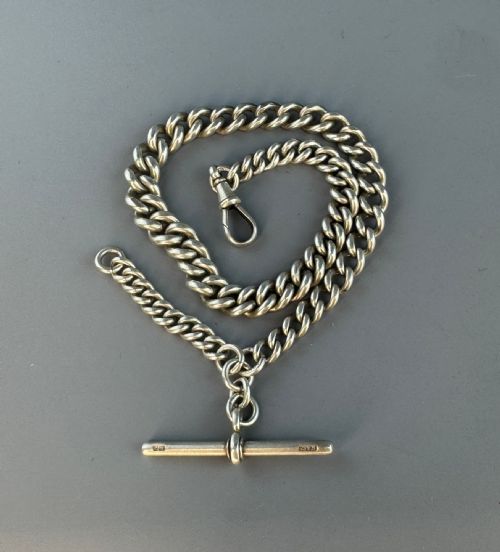 Victorian Heavyweight Silver Albert Watch Chain with T Bar
