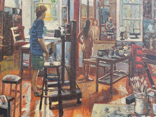 Artist with Nude Model at Work in His Studio Circa 1960