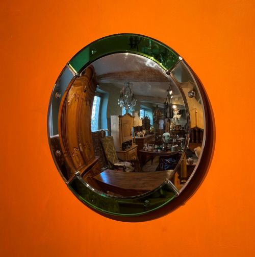 Art Deco Convex Wall Mirror with Green Mirror Border