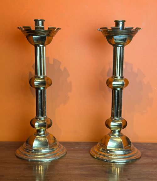 PAIR OF GILTBRASS ECCLESIASTICAL CANDLESTICKS - ADDITIONAL PHOTO 1