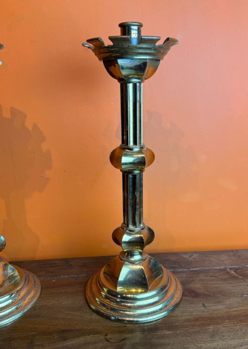 PAIR OF GILTBRASS ECCLESIASTICAL CANDLESTICKS - ADDITIONAL PHOTO 2