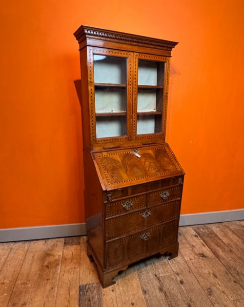Antique Oyster Veneered & Inlaid Walnut Bureau Bookcase of Diminutive Proportions Irish Interest