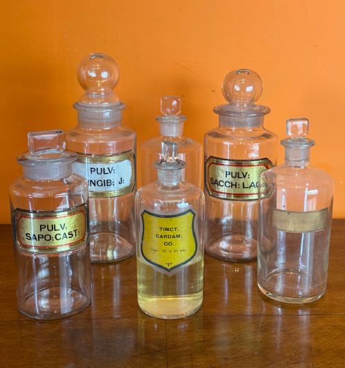 FIVE ANTIQUE GLASS CHEMIST PHARMACY BOTTLES - ADDITIONAL PHOTO 1