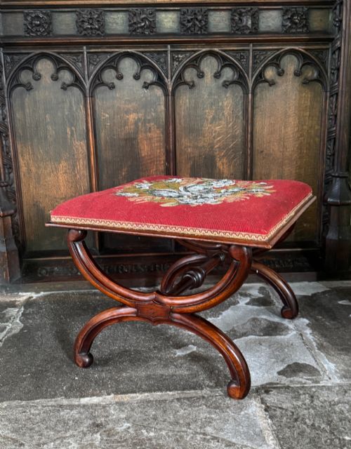 Victorian Walnut X Frame Stool with Beadwork Seat