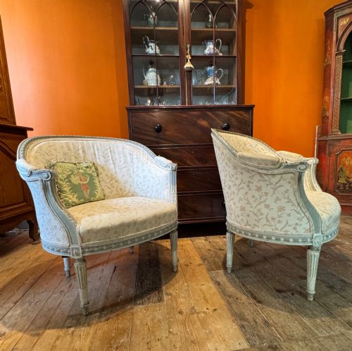 Pair of Antique French Bergere Tub Armchairs in Original Paint