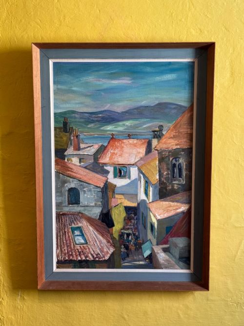 Evelyn Harris Circa 1950 Street View of Antibes Oil on Board