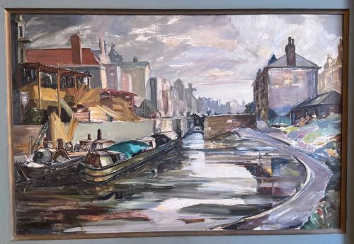 Timber Yard, Regent's Canal, large scale oil on board by Evelyn Harris circa 1955