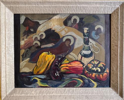 Still Life of Peppers, Gourds and Wine Bottle by Evelyn Harris, Circa 1950, Oil on Board