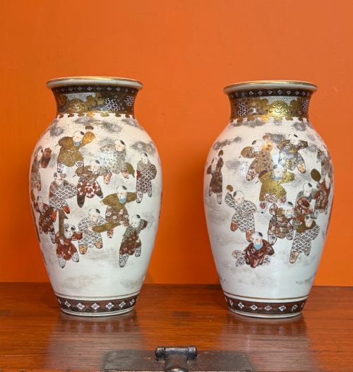 Large Pair of Japanese Meiji Satsuma Vases in Hundred Boys Pattern