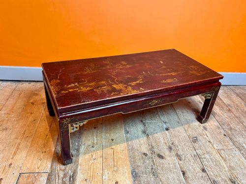 Antique Gilt Decorated Red Lacquer Chinoiserie Coffee Table