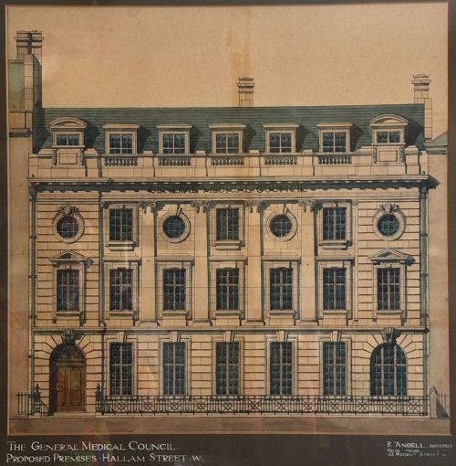 fig 1. A framed architectural watercolour drawing depicting the front elevation of a Classical-style building with detailed windows and a formal title block.